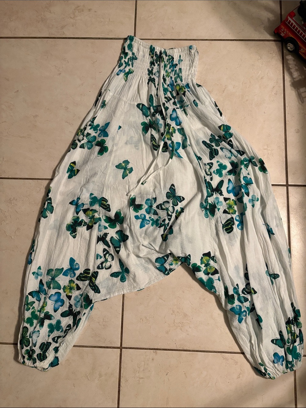 White Strapless Butterfly Print Harem Jumpsuit
